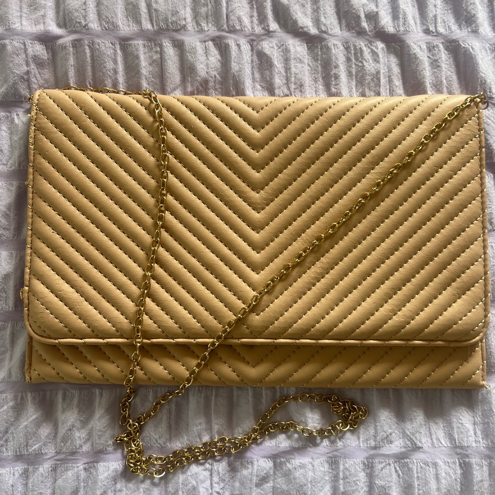 Elegant Chevron Tan Clutch with Gold Chain New